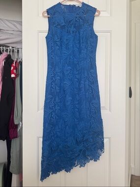 Kay Unger Imelda Assymetric Midi Dress - with Elegant Lace Floral Overlay